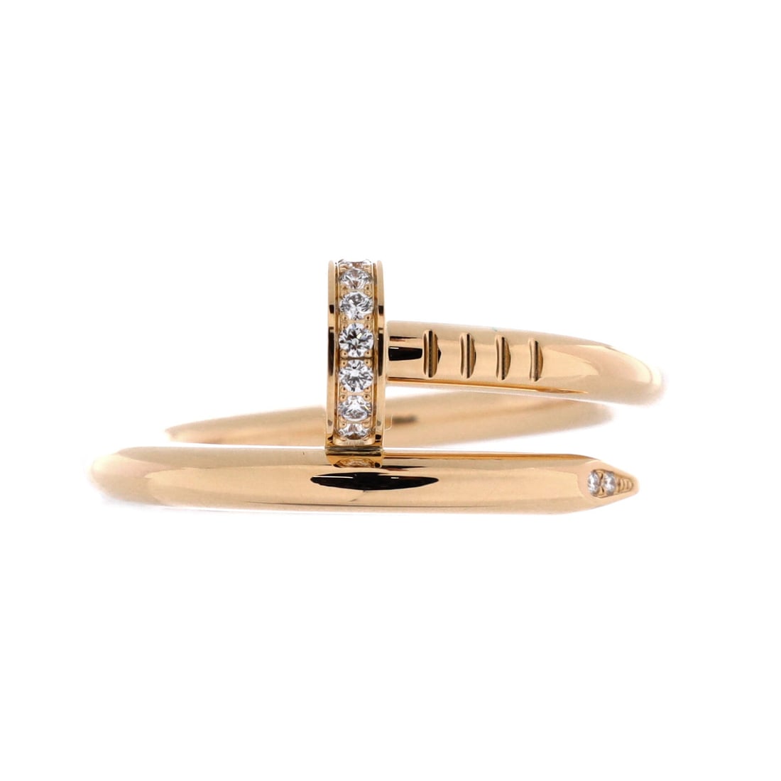 Cartier Juste un Clou Ring 18K Yellow Gold and Diamonds: Cartier's Juste un Clou wraps a single nail around the finger, here in 18K yellow gold with diamonds following the shank. At 2.6 mm the band stays narrow, so it stacks beside other rings without crowd