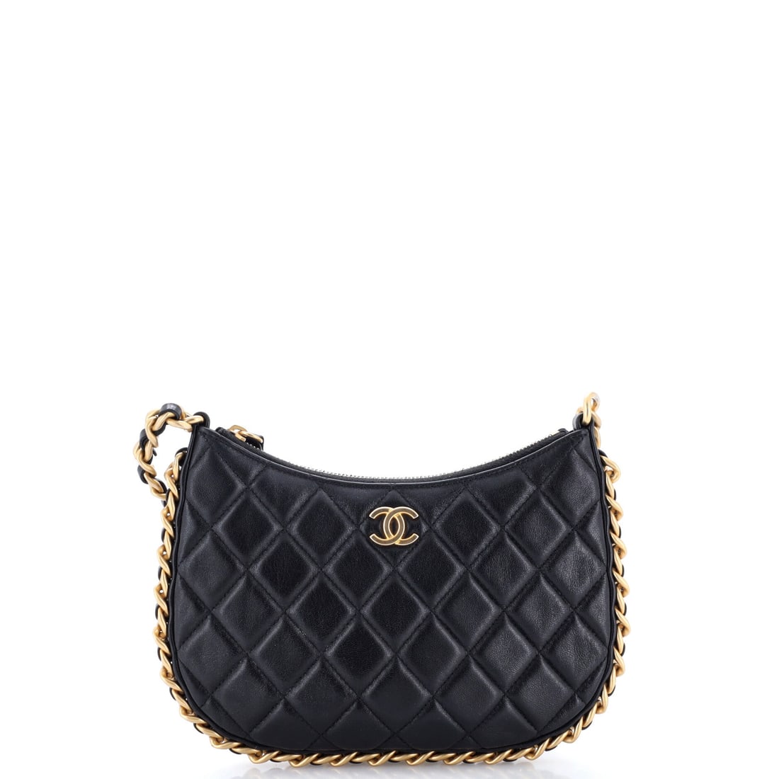 Chanel CC Chain Around Hobo Quilted Lambskin: Worn short, this hobo tucks under the arm with almost no bulk, since 1.5 inches of depth across an 8.5 in width does not build up. Quilted lambskin gives the surface its give, and the chain around the