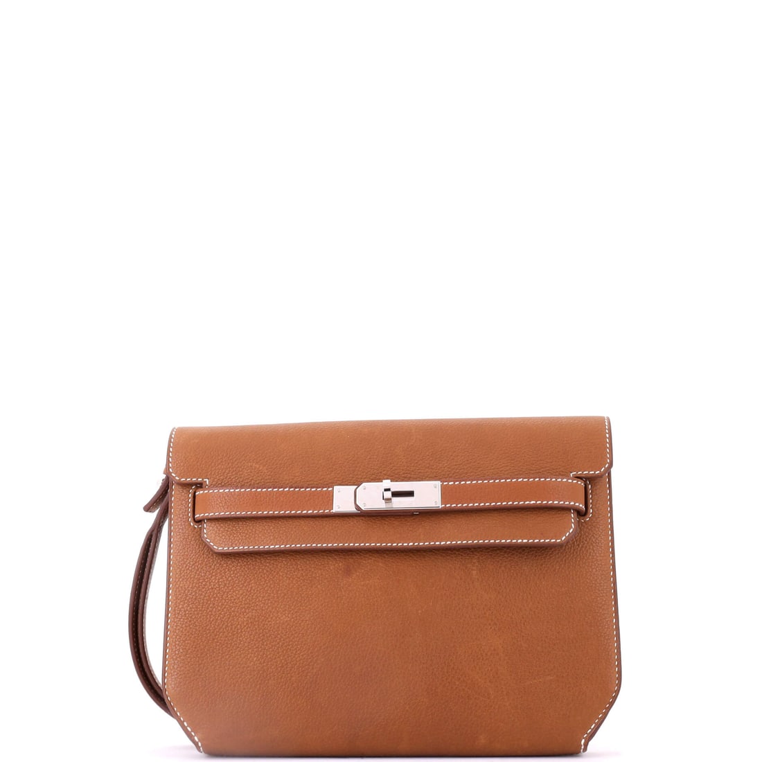 Hermes Kelly Depeches Pouch Barenia: Barenia is the leather Hermes lets age in public, so on a flat 10 x 6 x 2 in pouch the marks it picks up register as patina rather than damage. The Depeches shape descends from the briefcase, which is