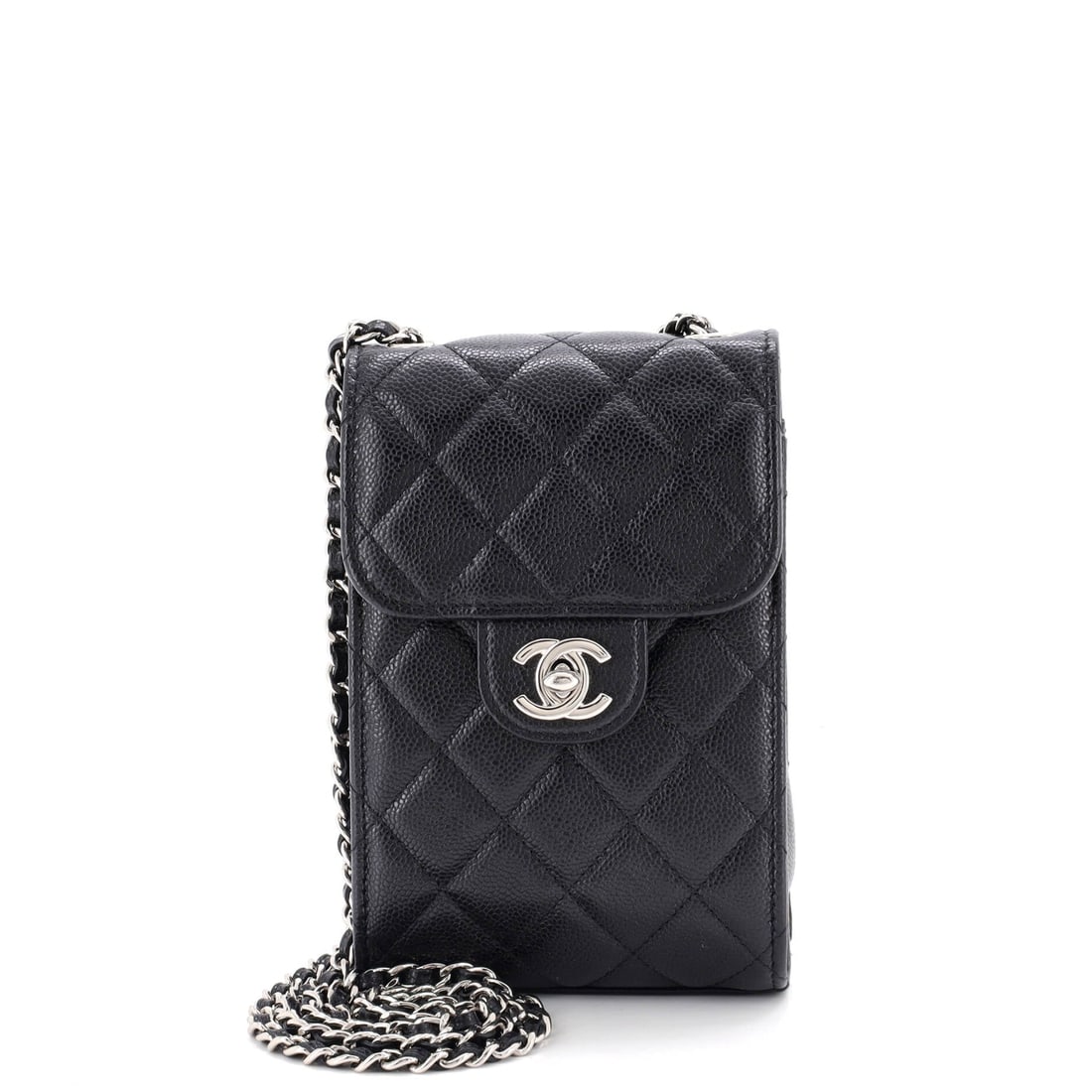 Chanel CC Flap Phone Holder Crossbody Bag Quilted Caviar: Phone holders live or die on their proportions, and this one runs 4 inches wide by 7.5 tall, upright and narrow, cut for a handset and little else. Quilted caviar takes the daily contact this format i