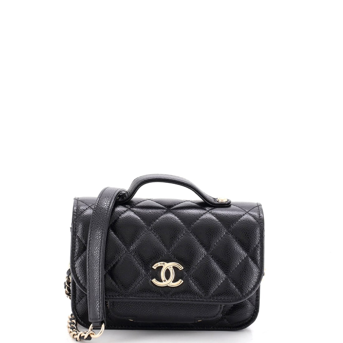 Chanel Business Affinity Flap Clutch with Chain Quilted Caviar: The clutch version of the Business Affinity strips the model down to a small quilted caviar flap on a chain, W 6 x H 4.5 x D 2 in. At that footprint it is an evening bag with room for a phone and a ca