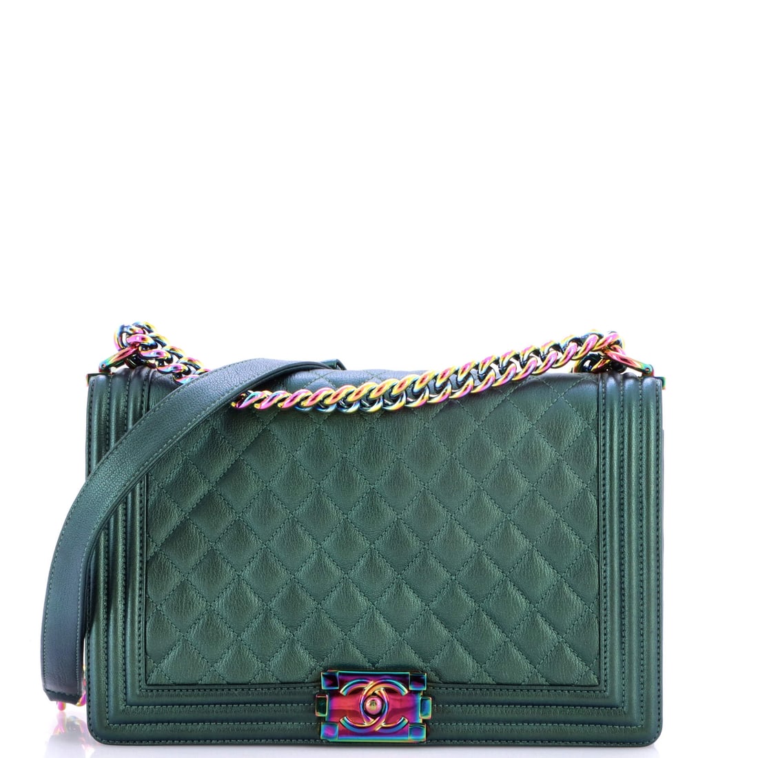 Chanel Boy Flap Bag Quilted Iridescent Goatskin: Iridescent goatskin shifts tone as it moves, which does something to quilting that flat leather cannot, the diamonds reading differently depending on where you stand. This is a large body at 11 by 7 b