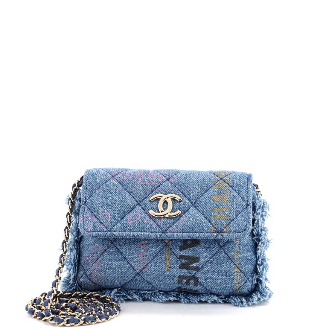 Chanel Denim Mood Flap Clutch with Chain Logo Printed Quilted Fringe Denim: Fringed denim gives this clutch movement that a flat leather flap cannot, the strands shifting as the bag swings on its chain. Six inches wide by 4 high and just 1 inch deep, it is strictly a phone-an