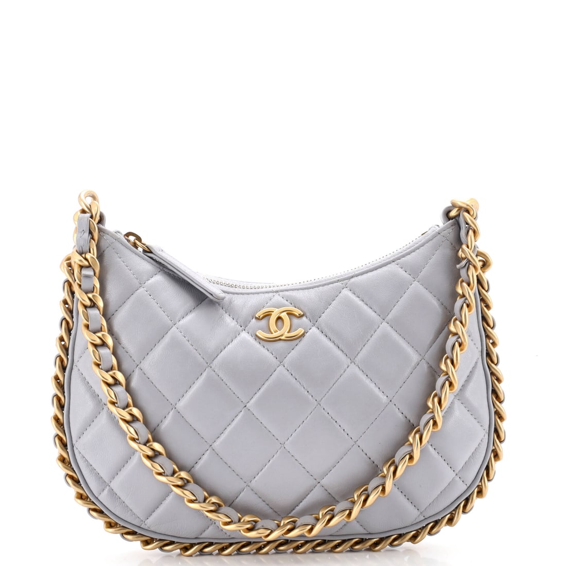 Chanel CC Chain Around Hobo Quilted Lambskin: Nine inches across makes this one of the wider Chain Around hobos, though at 5 inches tall and 1.5 deep it still reads slim against the body. Lambskin quilting and the perimeter chain give the model i