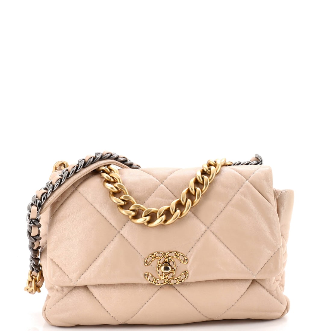 Chanel 19 Flap Bag Quilted Leather: Scaled up to 11.5 by 8 inches, this leather 19 is a genuine day bag with a four inch base to match. Grade B - Excellent by our assessment. Strap drop of 14.5 inches keeps it shoulder-borne and the fou