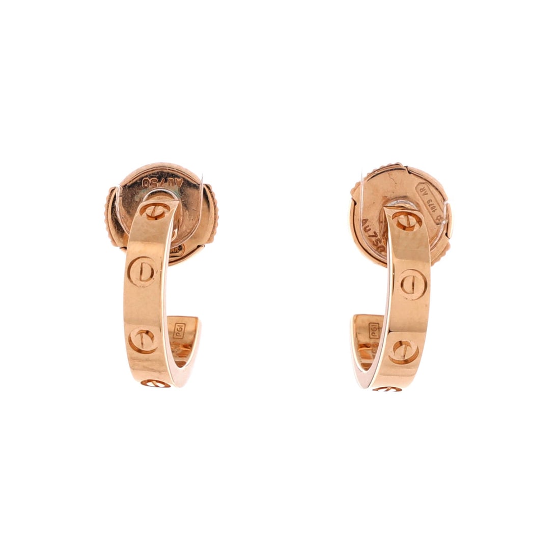 Cartier Love Hoop Earrings 18K Rose Gold: Small rose gold hoops with the screw motif running around the outer face, 12.35 mm top to bottom and 2.5 mm wide. At that scale they sit tight to the lobe and work as everyday earrings rather than sta