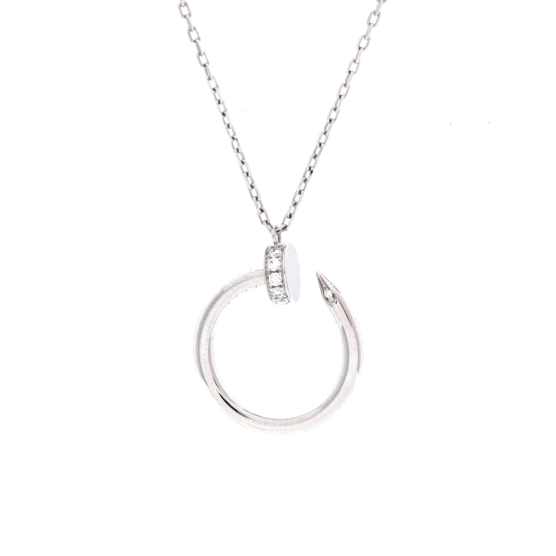 Cartier Juste un Clou Pendant Necklace 18K White Gold with Diamonds: Against white gold the pave reads brighter than it does in rose, and the nail loop keeps a sharper outline. The pendant measures 22.85 mm by 18.6 mm and hangs from a chain adjustable between 15.25 and