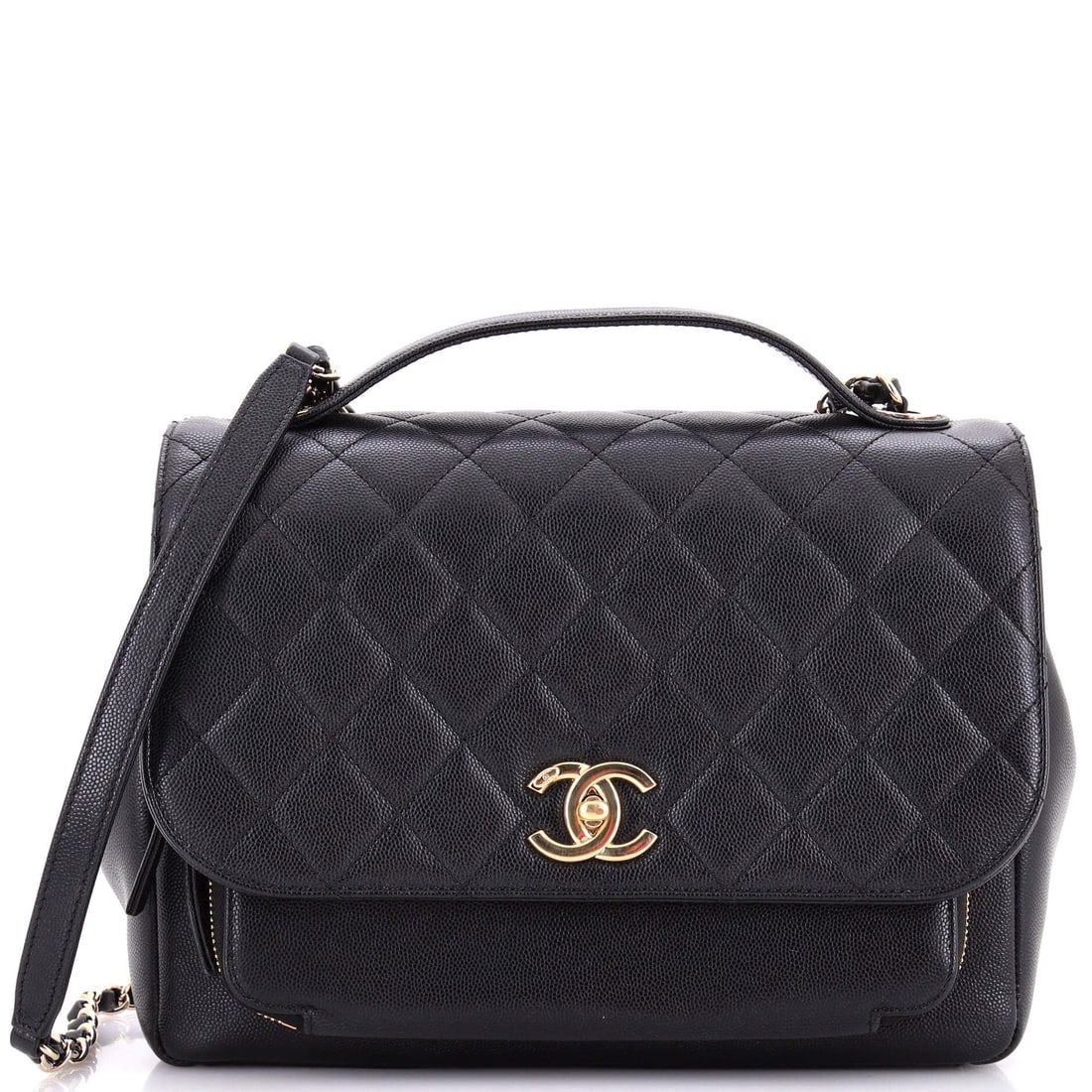 Chanel Business Affinity Flap Bag Quilted Caviar: Chanel's Business Affinity flap runs structured and upright, with a short grab handle above the chain, which is why the model gets chosen over a Classic Flap for working days. Quilted caviar is the pr