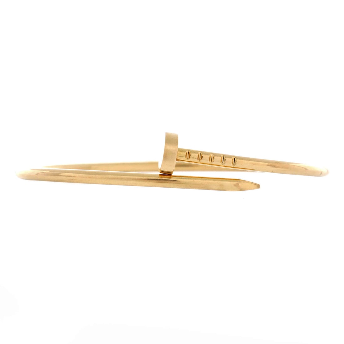 Cartier Juste un Clou Bracelet 18K Yellow Gold: Narrowest of the group at 2.3 mm, this yellow gold shank reads almost as a wire around the wrist. The warmth of the alloy keeps it from turning austere. Offered in Grade B - Excellent condition with n