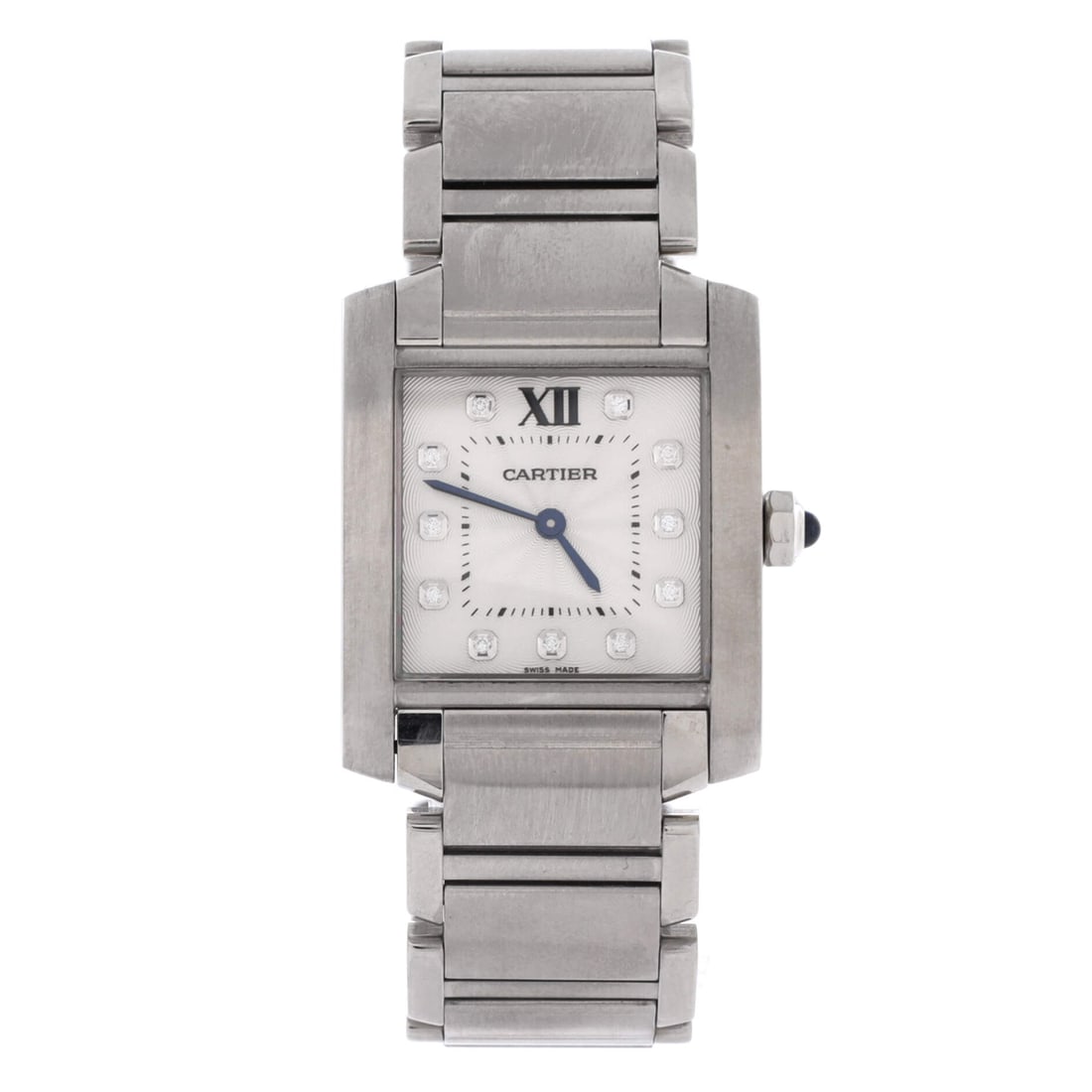 Cartier Tank Francaise Quartz Watch Stainless Steel with Diamond Markers: Diamond markers take the place of the painted numerals on this 25 mm Francaise, shifting it toward jewellery without altering the case at all. The 7 mm thickness and 18 mm band are standard for the si