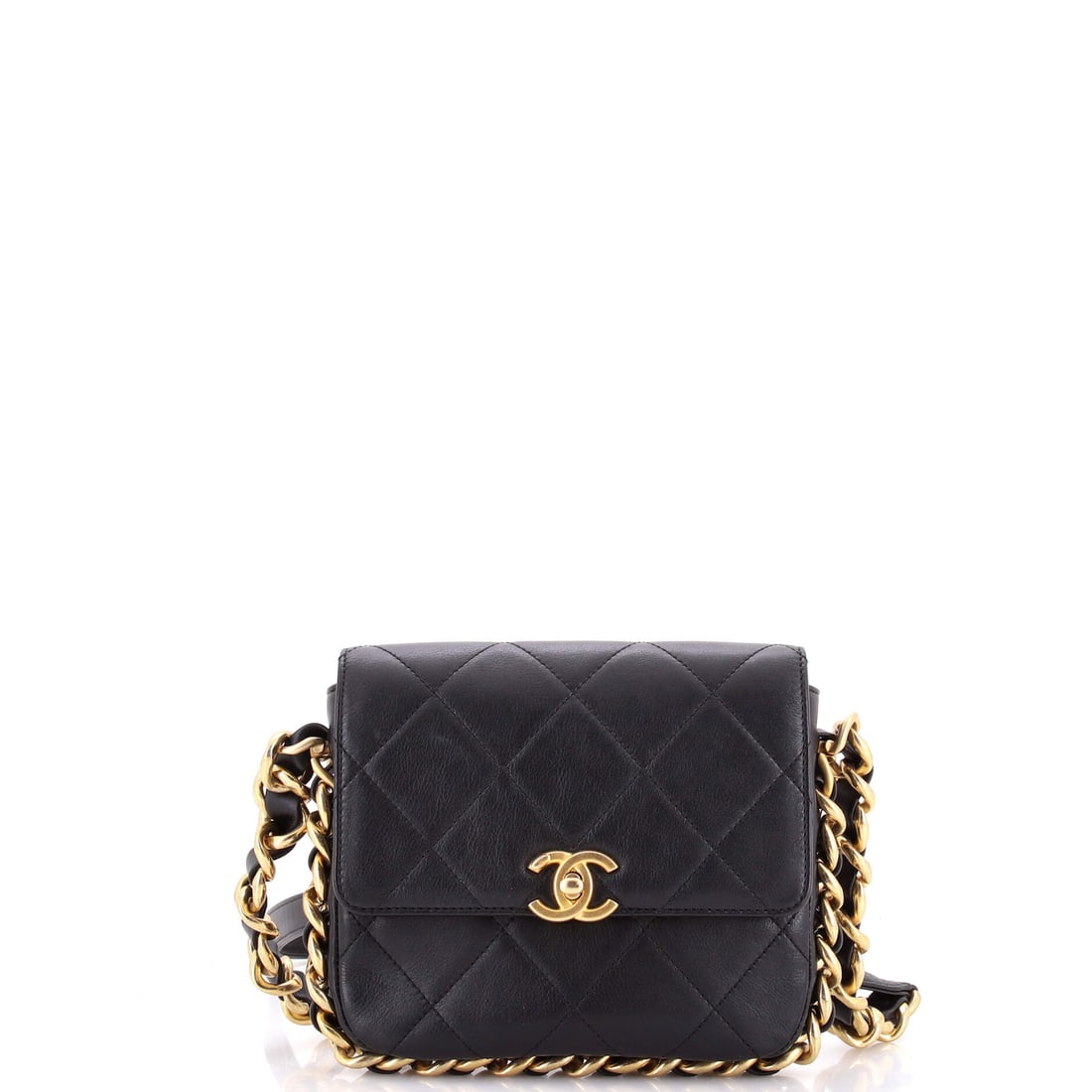 Chanel Framing Chain Flap Bag Quilted Calfskin: Squared proportions define this Framing Chain flap, 7 inches by 7 with just 2 inches of depth, which keeps it flat against the body on its 20-inch strap. The chain running around the flap edge is what