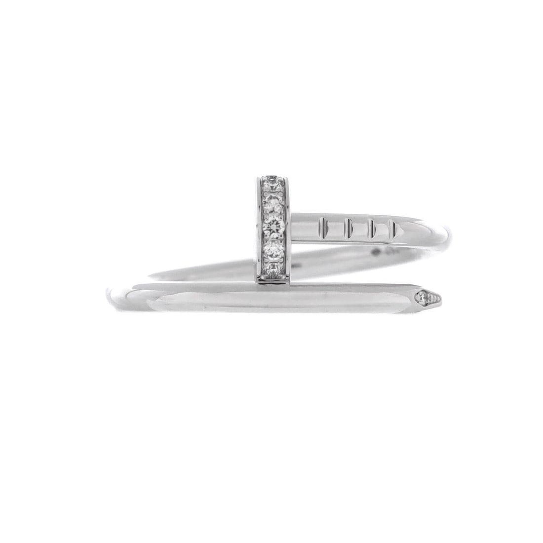 Cartier Juste un Clou Ring 18K White Gold and Diamonds: Fine at 1.8 mm and set in white gold with diamonds, this ring sits at the discreet end of the range, closer to a stacking band than a statement. The cool metal makes the stones read brighter than they