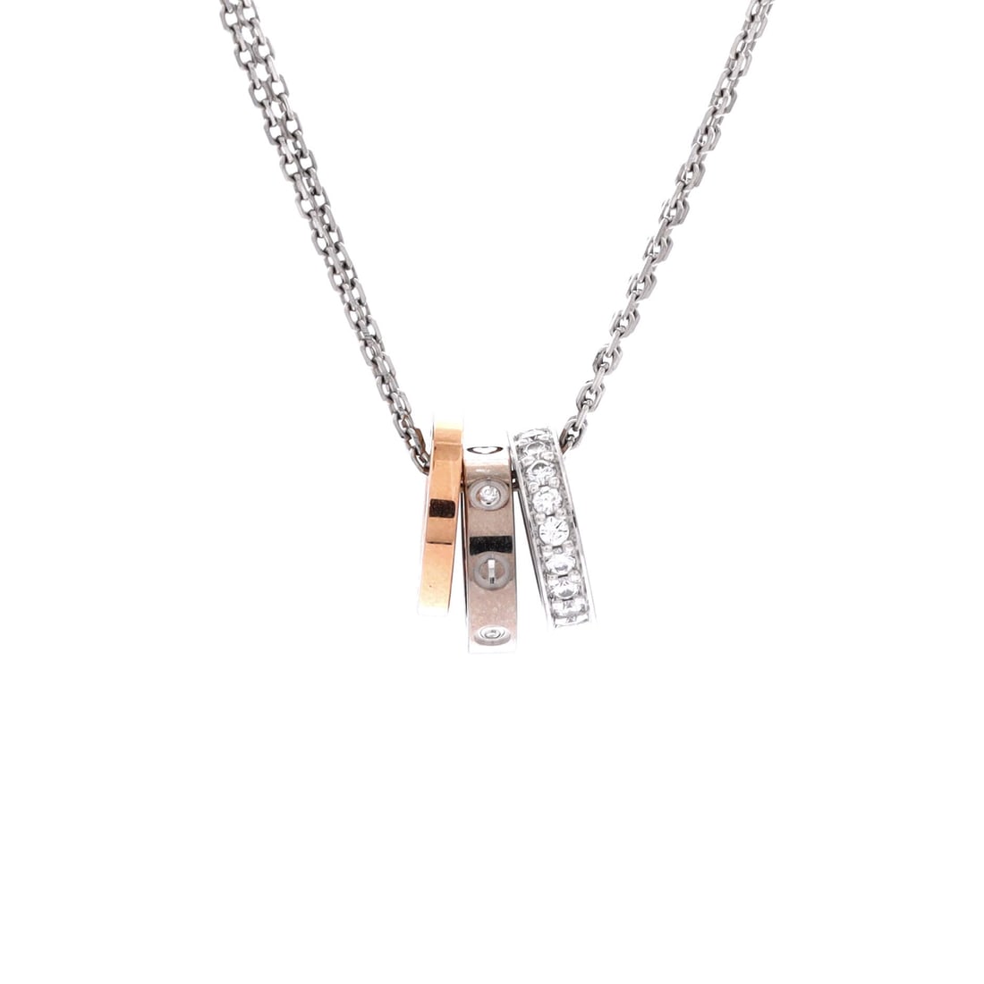 Cartier Love 3 Ring Pendant Necklace 18K Rose Gold and 18K White Gold with Diamonds: Rose and white gold rings interlock in this Love pendant, diamonds set across the bands so the light shifts as the necklace moves. The motif is the larger of the group at 10.95 by 6.8 mm, giving it a 