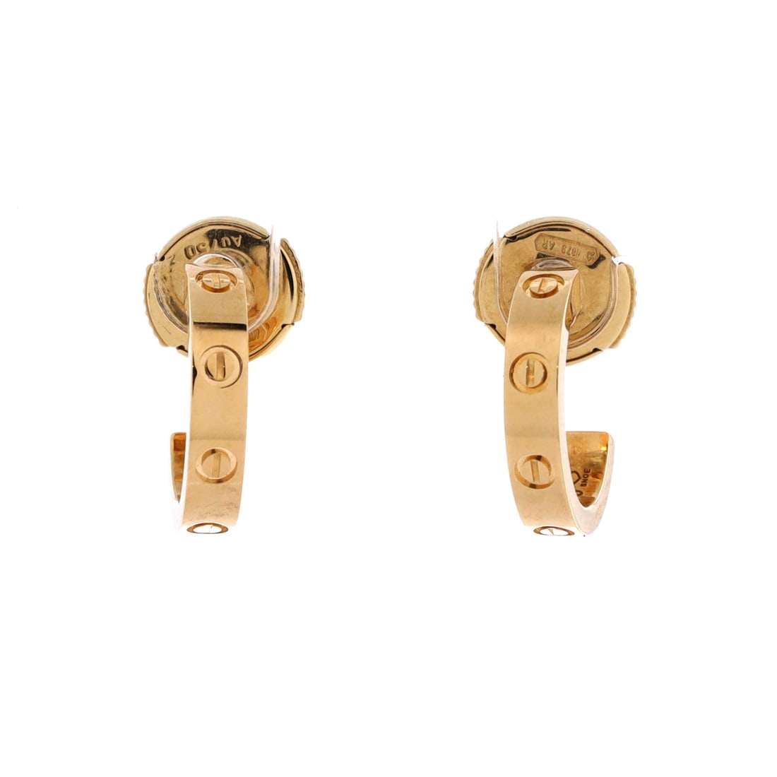 Cartier Love Hoop Earrings 18K Yellow Gold: Yellow gold hoops, 12.65 mm from top to bottom, with the screw pattern circling a 2.65 mm band. Grade A - Pristine, which shows on hoops because the outer edge is what takes contact. The small diamete