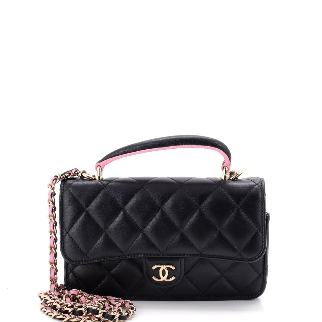 Chanel Classic Top Handle Flap Phone Holder with Chain Quilted Lambskin: Phone holders earn their keep by being the only thing you carry, and at 7 inches wide by 4 high this one takes a large handset plus a few cards. The 1.5 inch depth keeps it flat against the body on th