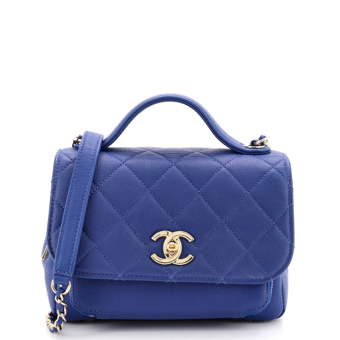 Chanel Business Affinity Flap Bag Quilted Caviar: The short 1.5 in top handle is a grab handle rather than a shoulder carry, which is why the 22 in chain matters as much as it does on this Business Affinity. W 8 x H 6.5 x D 3 in gives a near-square u