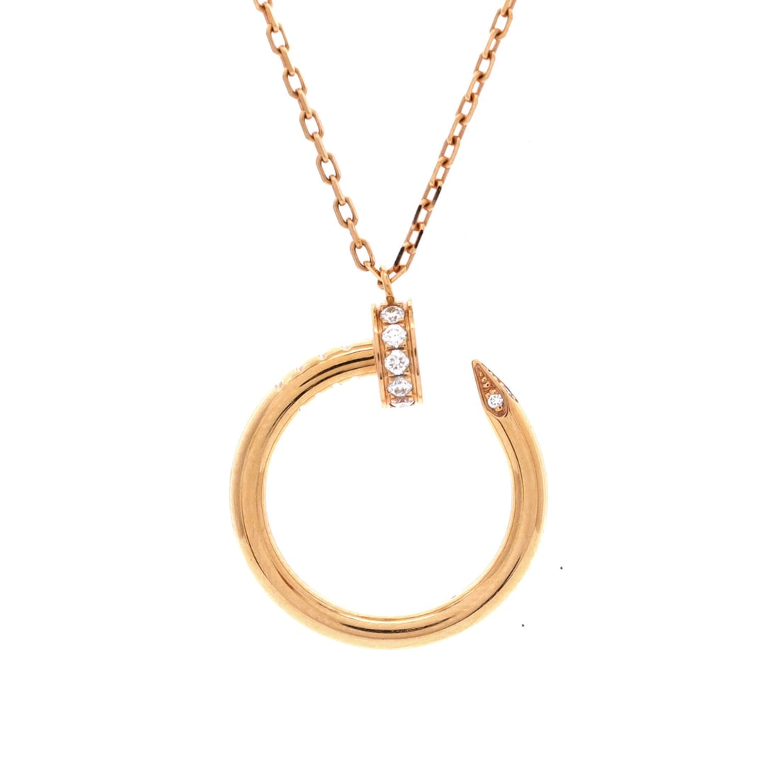 Cartier Juste un Clou Pendant Necklace 18K Rose Gold with Diamonds: A 22.7 mm by 18.3 mm nail loop in rose gold, diamond-set, on a chain that adjusts from 15.25 to 16 in. The shorter setting keeps the pendant above the collarbone, which is where the motif reads most c