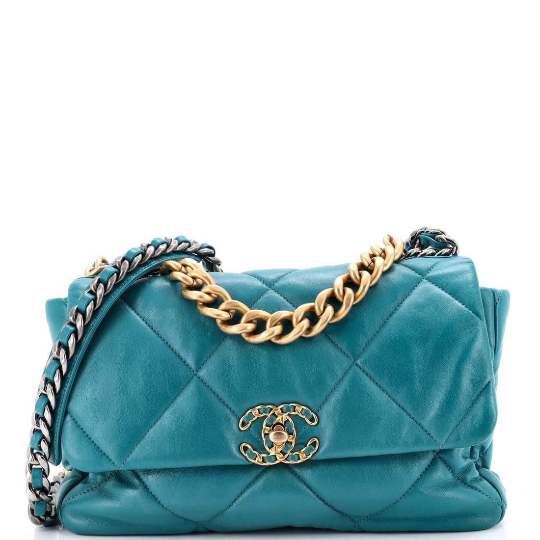 Chanel 19 Flap Bag Quilted Leather: Twelve inches wide by eight tall, this quilted leather 19 covers a full day without a second bag. Four inches of depth and a 14.5 inch strap drop mean shoulder carry with weight in it, and the four in