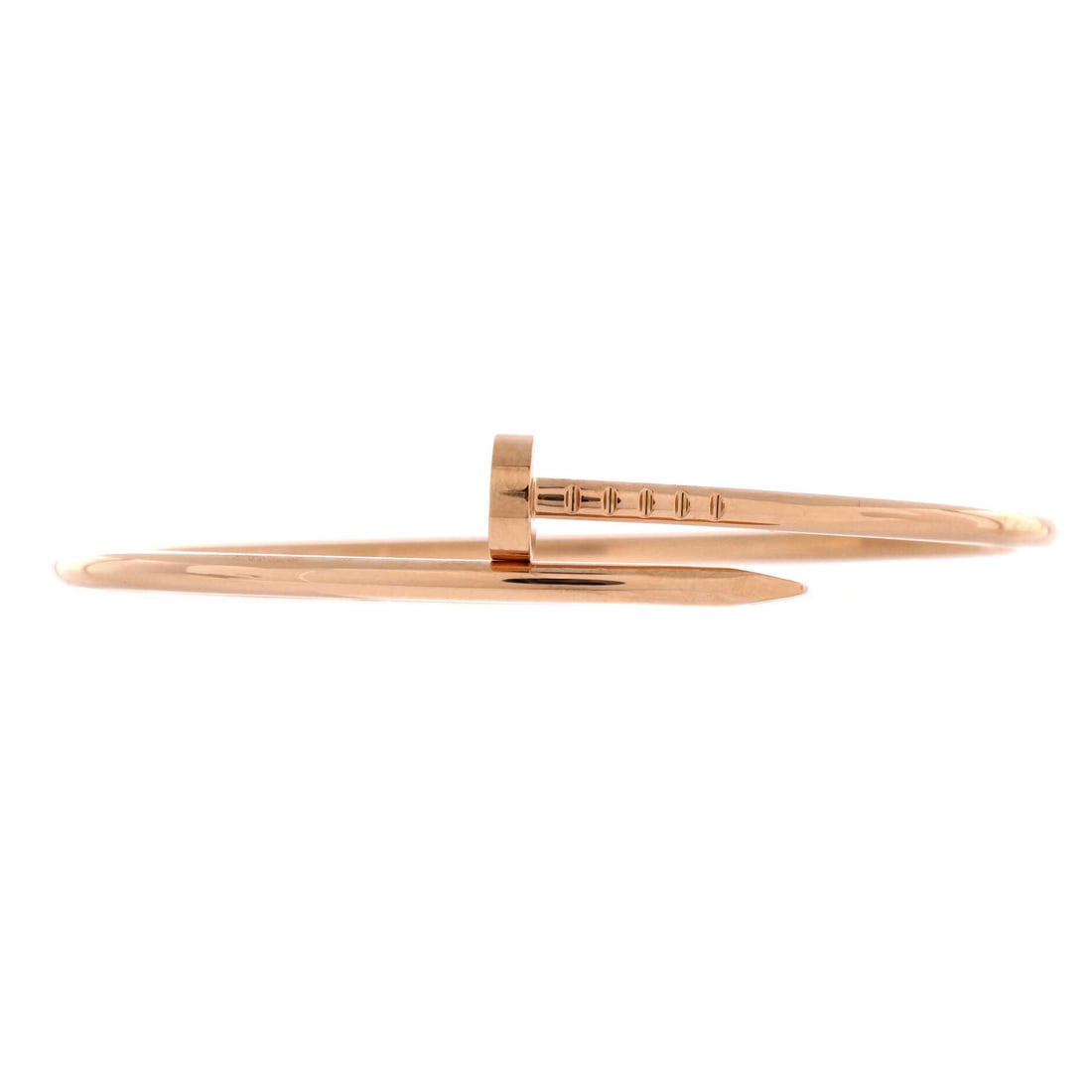 Cartier Juste un Clou Bracelet 18K Rose Gold: Slim proportion is the point of the 2.5 mm build, and this rose gold example makes the case cleanly, the wrapped nail registering as line rather than mass. It sizes generously for the model, so it wil