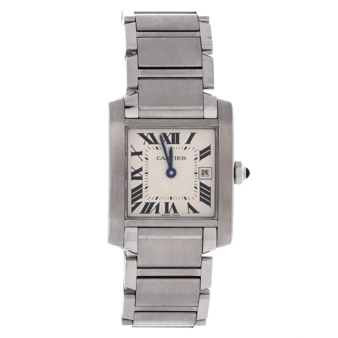 Cartier Tank Francaise Quartz Watch Stainless Steel: A 25 mm case is the middle Francaise size, larger than the 20 mm and short of the men's, and it suits a wrist that wants the watch read as a watch. Case thickness of 7 mm with an 18 mm band keeps the 