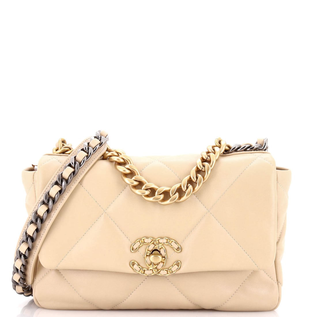 Chanel 19 Flap Bag Quilted Leather: Oversized diamond quilting on a ten inch front is the whole visual argument of the 19, and leather gives it the cleanest reading. Grade B - Excellent, wear proportionate to the scale. This one runs 6.