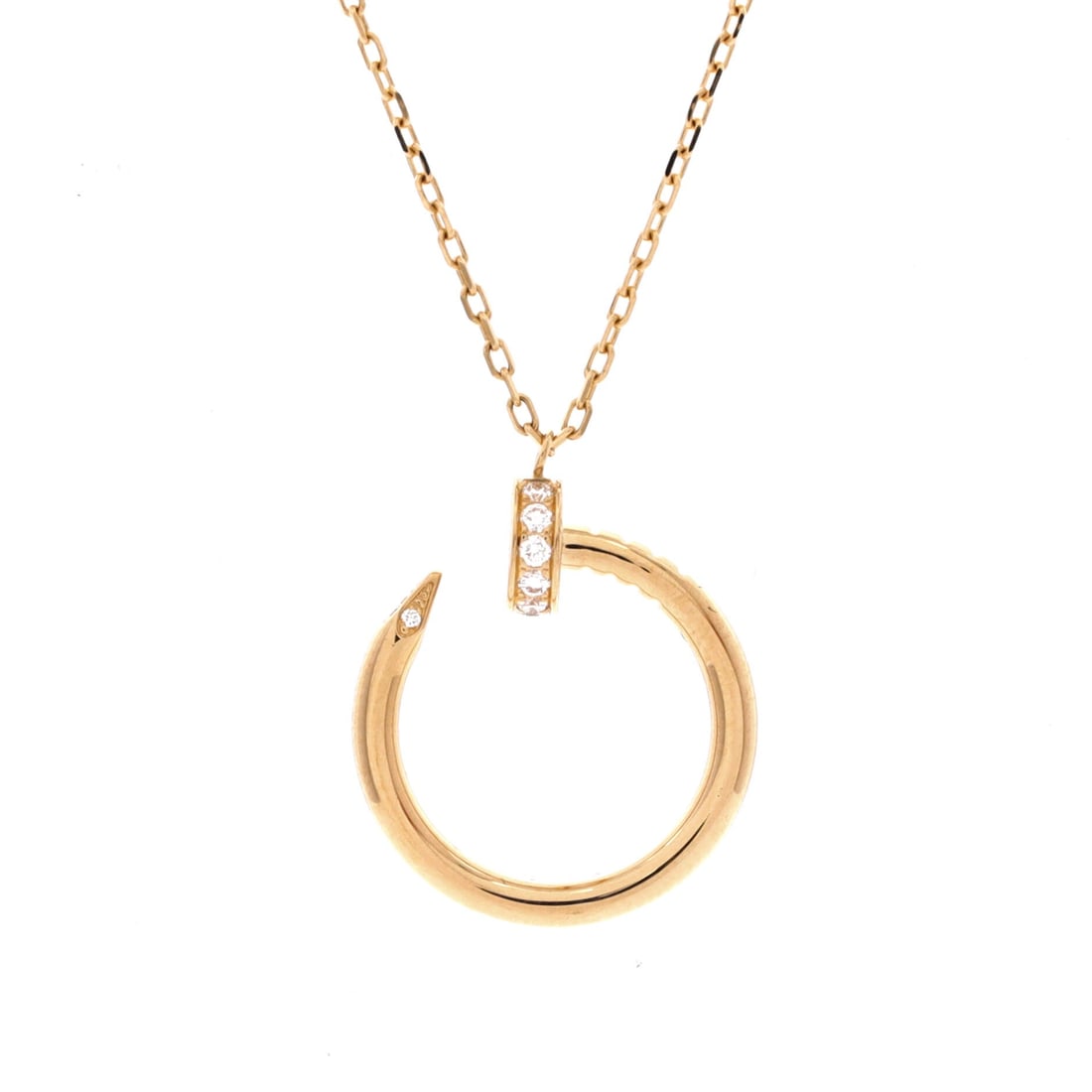 Cartier Juste un Clou Pendant Necklace 18K Yellow Gold with Diamonds: Slightly larger motif here at 23 mm by 18.55 mm, set with diamonds in yellow gold and hung on a chain adjustable from 15.25 to 16 in. The short drop places it at the base of the throat. It grades Grad