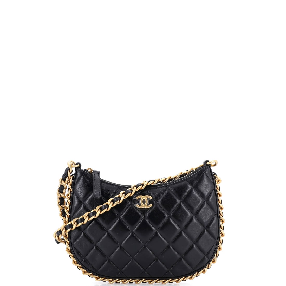 Chanel CC Chain Around Hobo Quilted Lambskin: Lambskin explains why this hobo drapes the way it does, and the chain wrapping its circumference explains why it still holds a line. W 8.5 x H 5 x D 1.5 in is a low, flat footprint that disappears und
