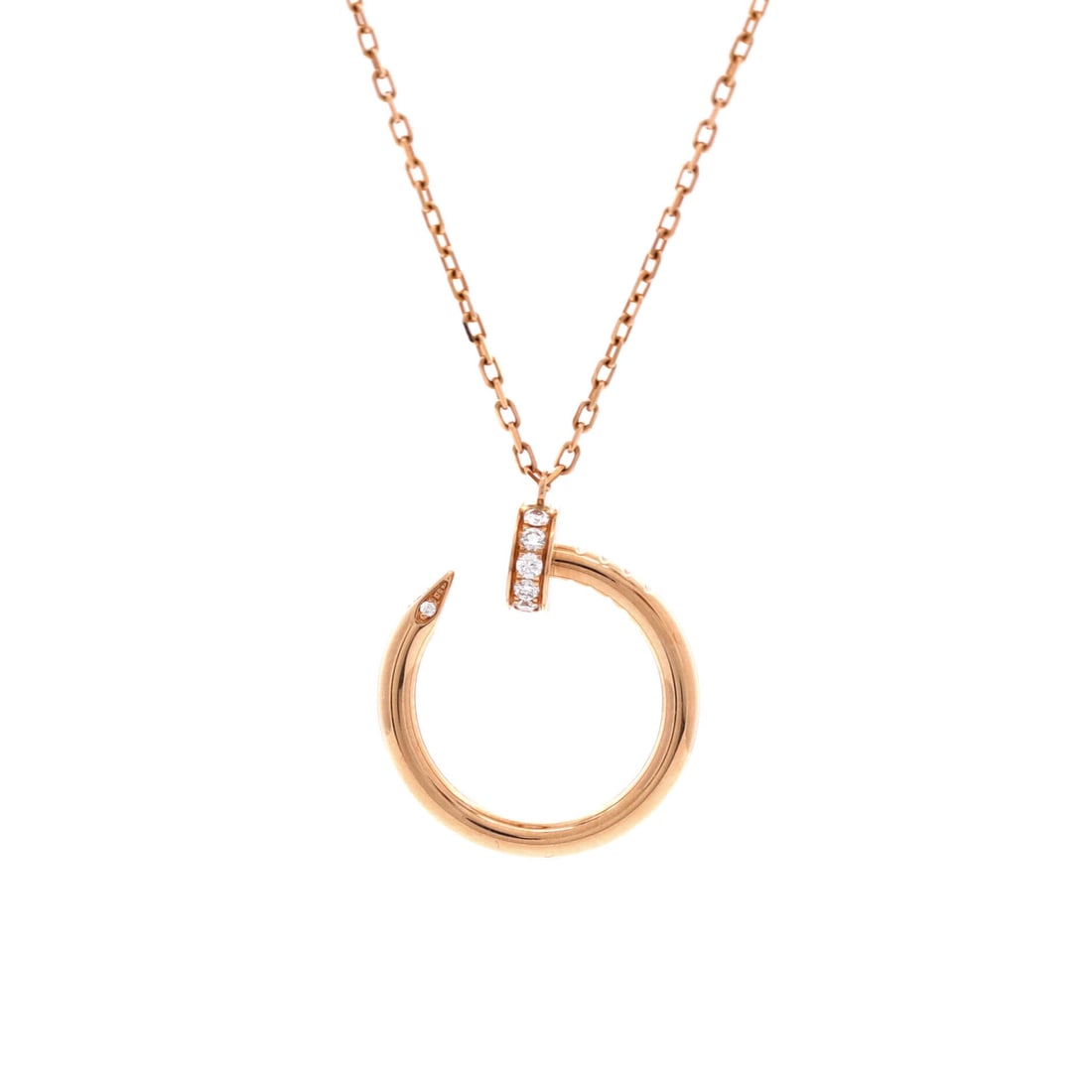 Cartier Juste un Clou Pendant Necklace 18K Rose Gold with Diamonds: Short chain, 15 to 16 in, which puts the diamond-set nail loop high on the throat where it functions almost as a choker pendant. The motif itself is 22.7 mm by 18.3 mm, enough mass to hold the eye at 