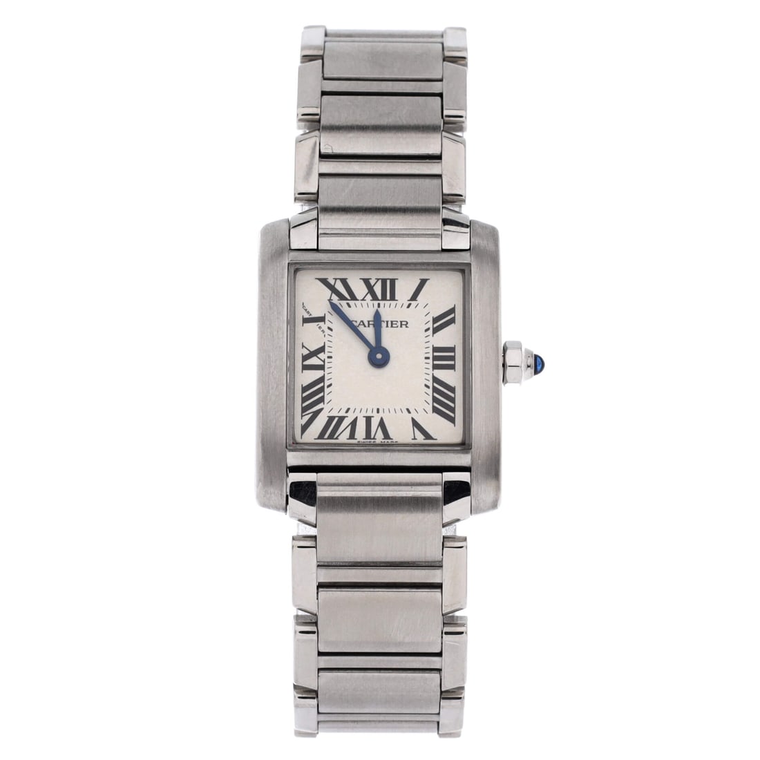 Cartier Tank Francaise Quartz Watch Stainless Steel: Small-wrist scale defines this example: a 20 mm case only 6 mm thick, on a 15 mm bracelet that reads as a steel cuff with a dial in it. The Roman numerals and railway minute track stay legible even at