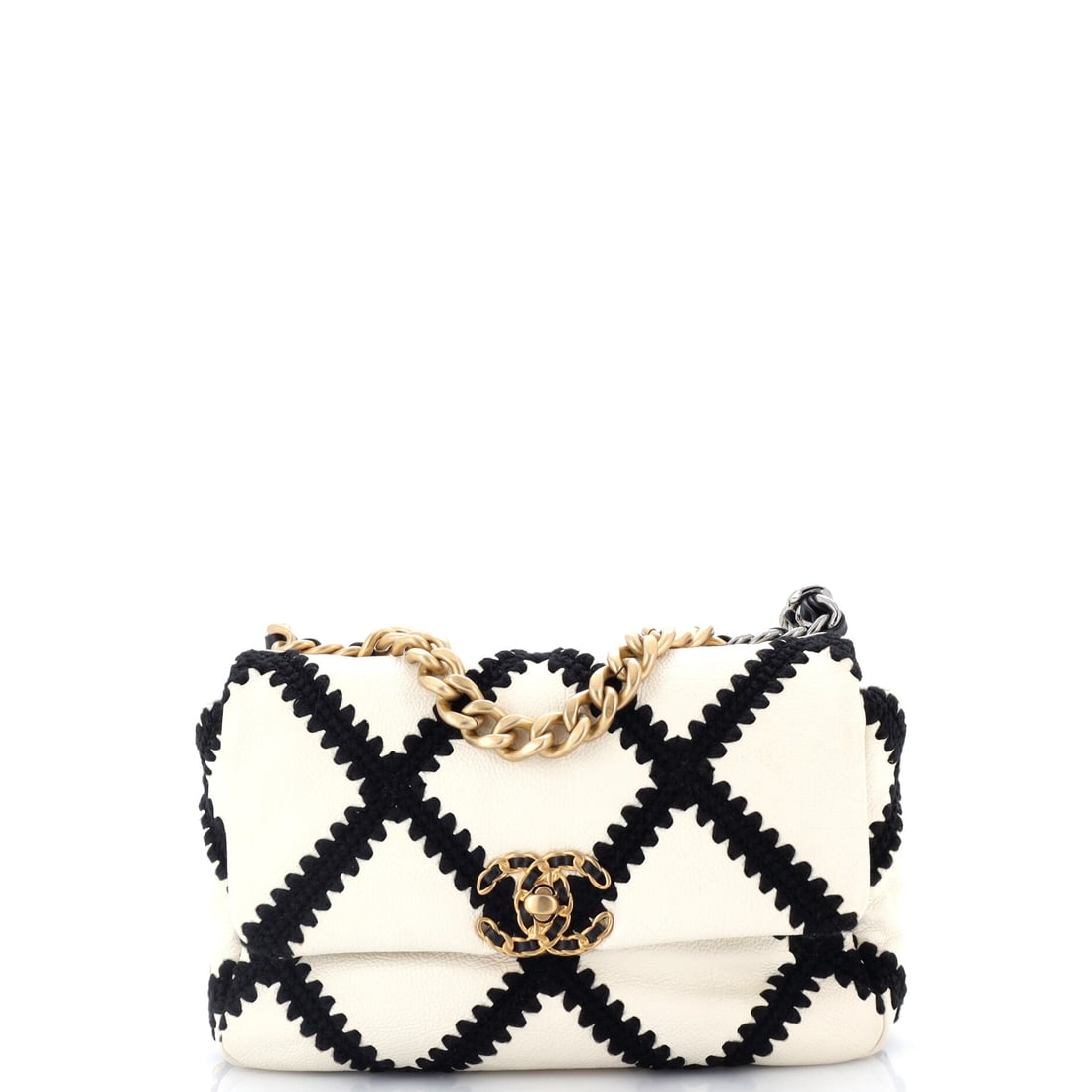 Chanel 19 Flap Bag Crochet Quilted Calfskin: Crochet-effect calfskin gives this 19 a textured surface that the line's oversized quilting carries well. Grade B - Excellent, with wear consistent with careful use. At 10 by 6.5 by 3 inches it sits i