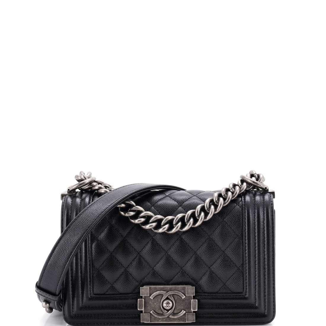 Chanel Boy Flap Bag Quilted Caviar: Diamond quilting on caviar holds a harder edge than it does on lambskin, which suits this model's squared frame and flat base. Grade B - Excellent here, corners and clasp intact. At 8 by 5 by 3 inches