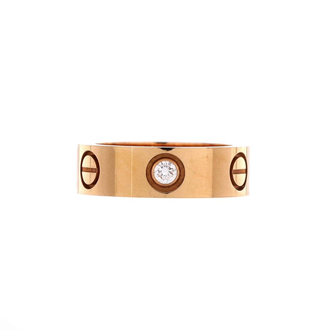 Cartier Love 3 Diamonds Band Ring 18K Rose Gold with Diamonds: At 5.45 mm wide, this rose gold Love band is the full-width version rather than the thin one, and the three diamonds sit level with the surface. A small finger size concentrates the screw motif, so th