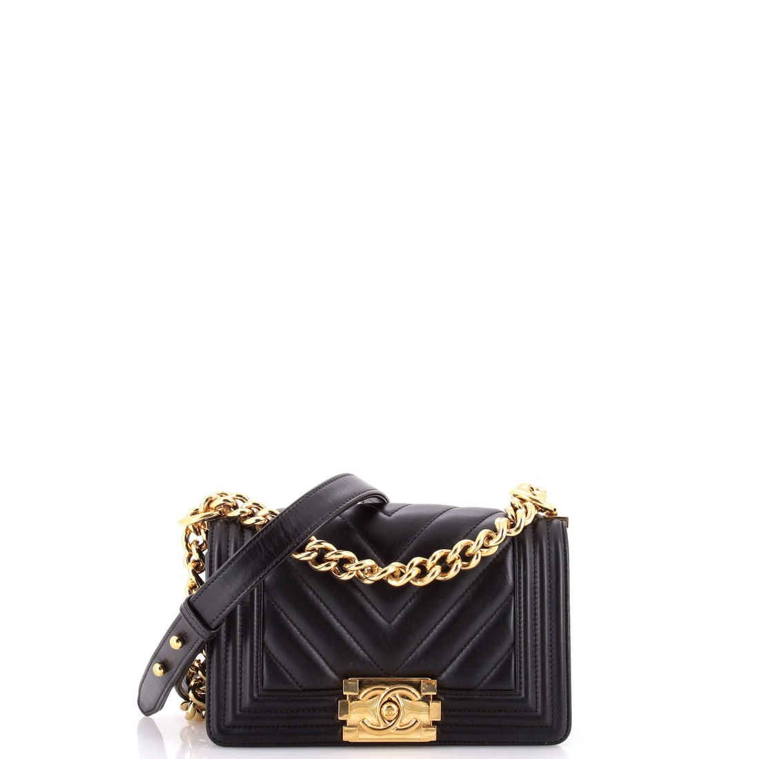 Chanel Boy Flap Bag Chevron Calfskin: The Boy's push-lock clasp is the loudest thing on the bag, and on chevron calfskin it sits against diagonal lines rather than diamonds. Its condition reads Grade B - Excellent. Eight inches wide by 5 