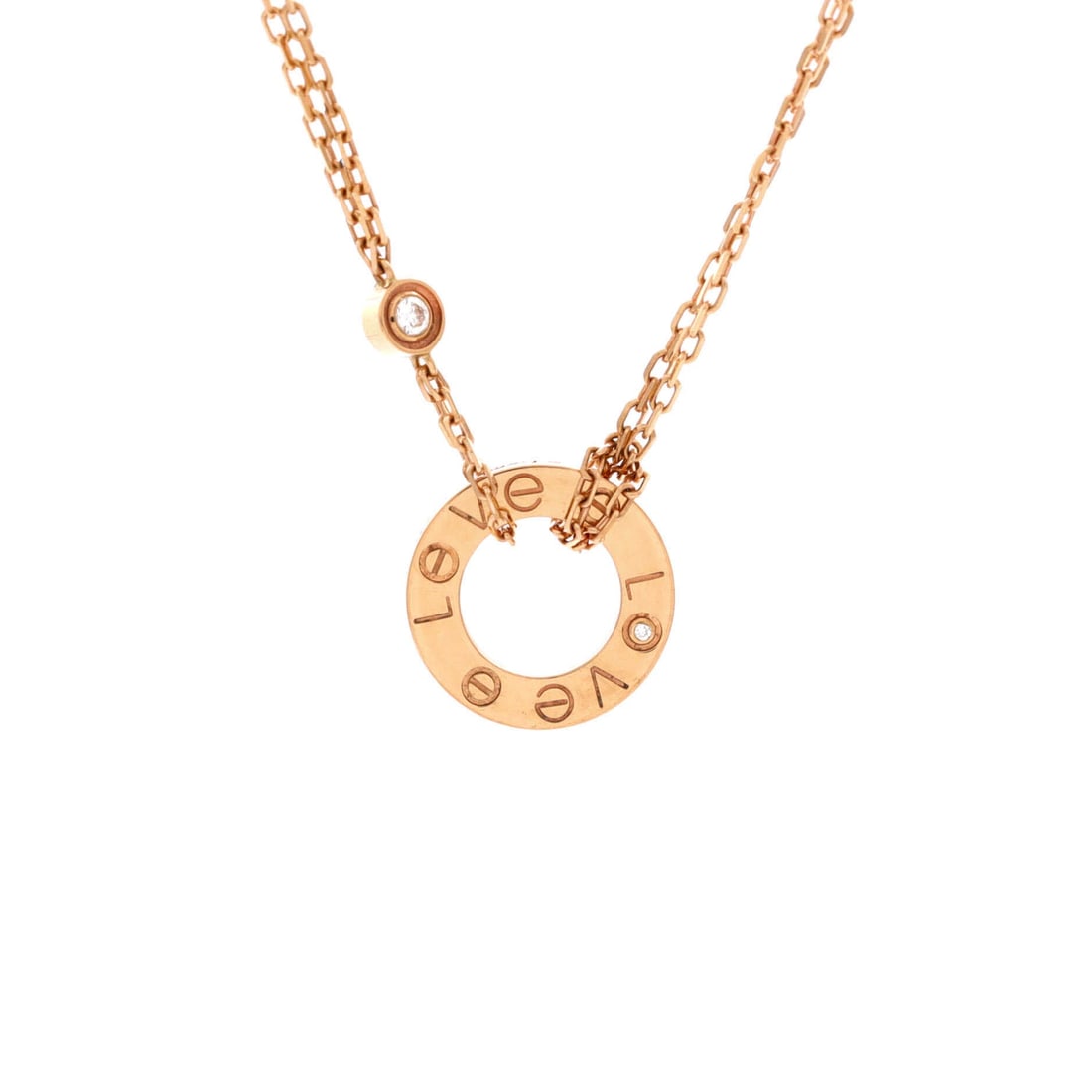 Cartier 2 Diamonds Love Pendant Necklace 18K Rose Gold and Diamonds: The chain here adjusts from 15.5 to 16.75 inches, slightly longer than most Love pendants come sized to. Rose gold and two brilliant-cut diamonds carry the 13.05 mm motif, which lies flat rather than 