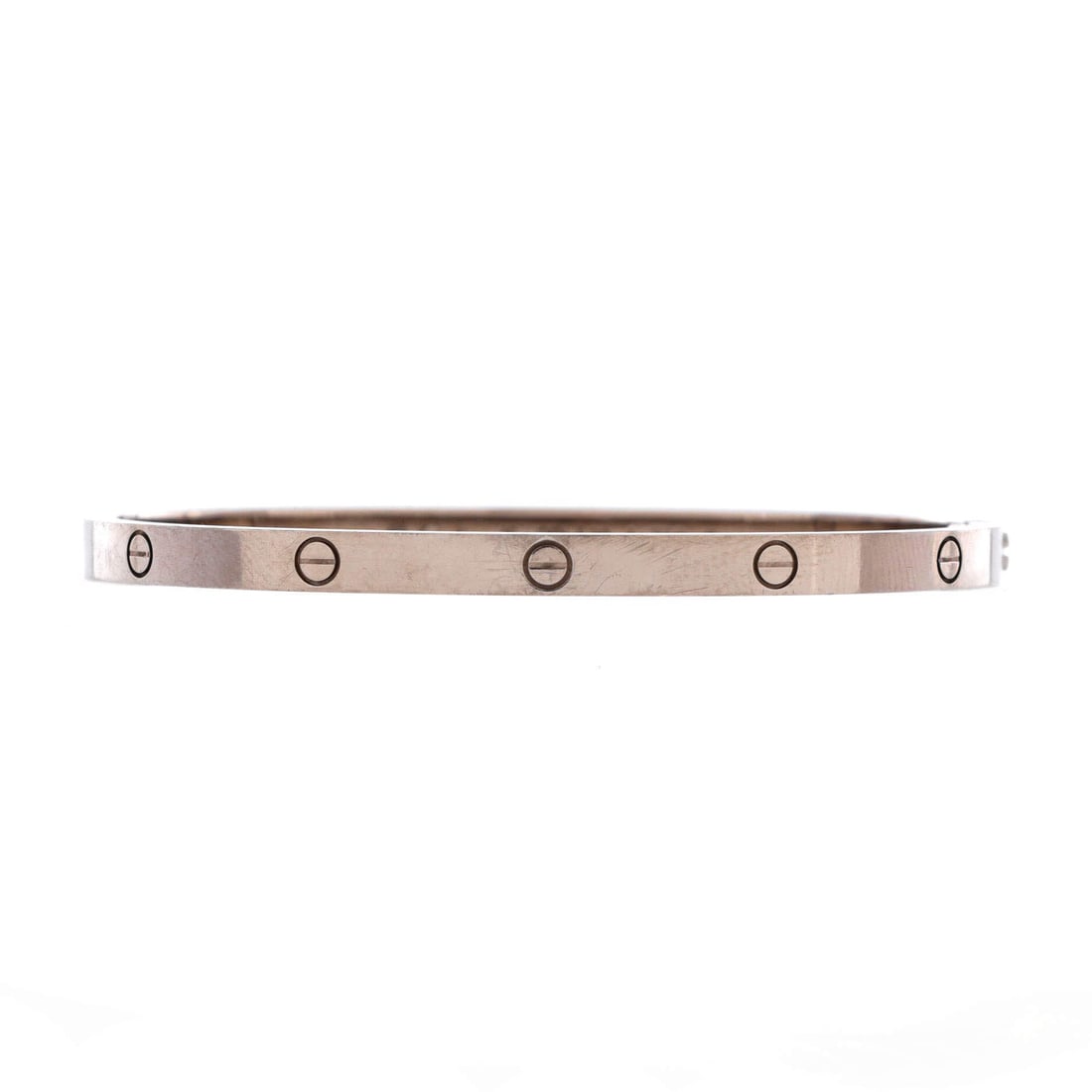 Cartier Love Bracelet 18K White Gold: At 3.65 mm this is the small-model Love bangle, and white gold keeps it nearer a bracelet than a cuff on the wrist. The screws still do the fastening, so it is on for the duration once set. The piece 