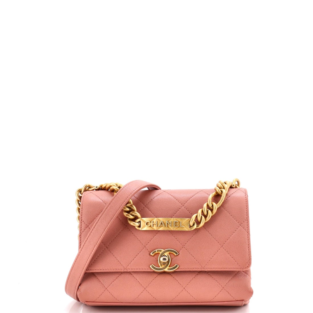 Chanel Bracelet On Chain Flap Bag Quilted Caviar: The rigid bracelet handle is the whole idea here, a bangle-style loop that turns this quilted caviar flap into a hand-carried object rather than a shoulder bag. The chain remains for length when it is