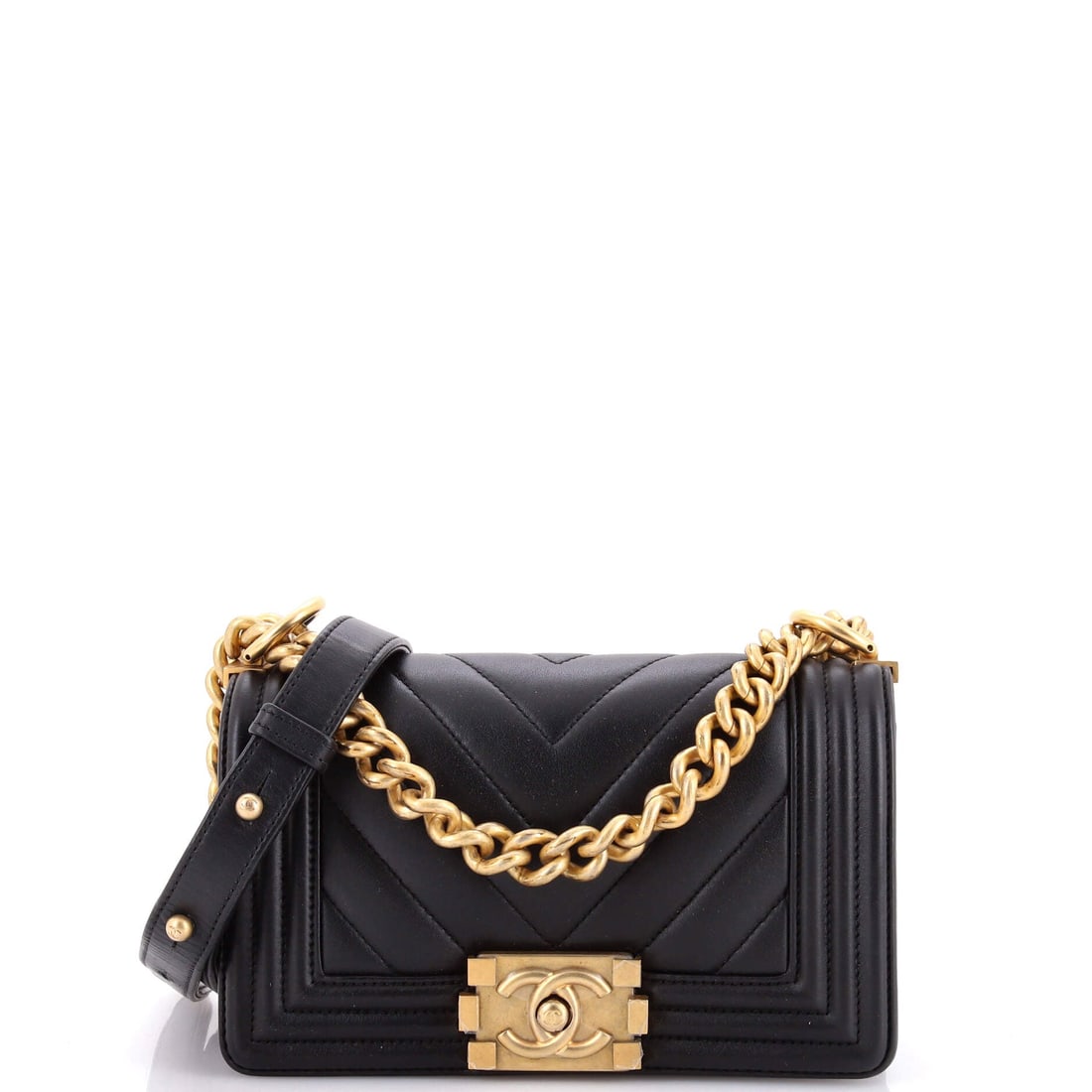 Chanel Boy Flap Bag Chevron Calfskin: Chevron quilting reads cleaner than diamond on a small frame, and this Boy keeps the lines crisp across an 8 by 5 inch front. Depth of 3 inches makes it a genuine carry, not a decorative flap. This on
