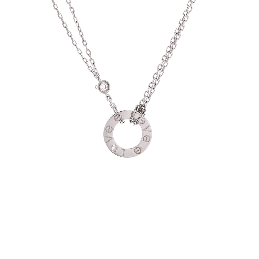 Cartier 2 Diamonds Love Pendant Necklace 18K White Gold with Diamonds: The screw-marked square is the entire signature, and in white gold it comes across as hardware rather than jewelry, deliberately so. Two diamonds sit flush in the 13 mm plaque, on a chain adjustable b
