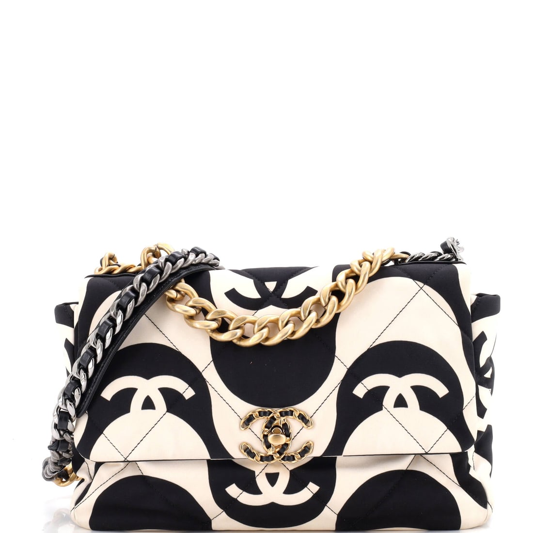 Chanel 19 Flap Bag Quilted Printed Silk: Printed silk stretched over big quilting makes the pattern move with the bag's slouch. Twelve inches wide by 8.5 tall on a slim 3 inch base gives a large front panel for the print and a lighter profil