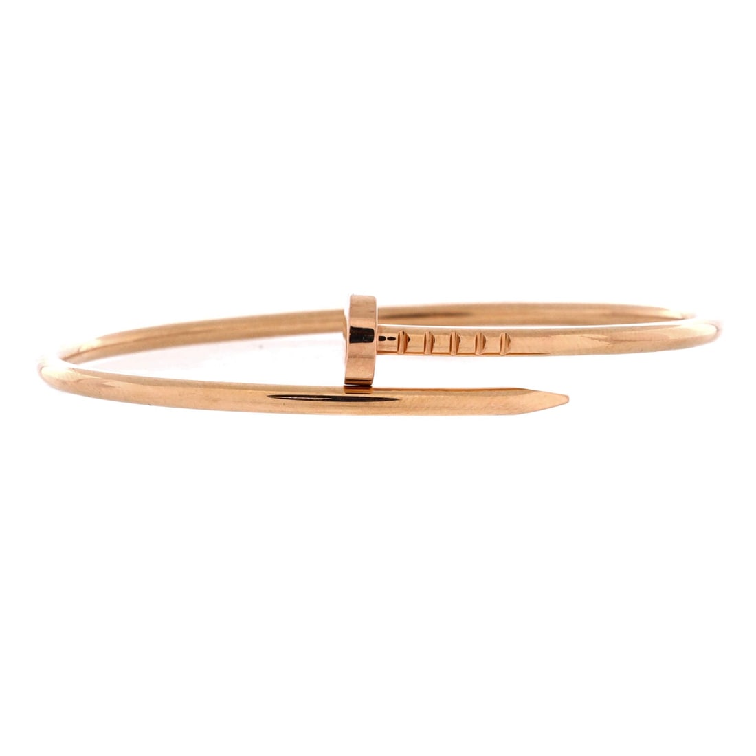 Cartier Juste un Clou Bracelet 18K Rose Gold: Cartier built the Juste un Clou on one gesture, a nail bent into a circle, and at 2.5 mm in rose gold that gesture stays quiet enough for daily wear. The mid-range fit sits close without pinching. Gra