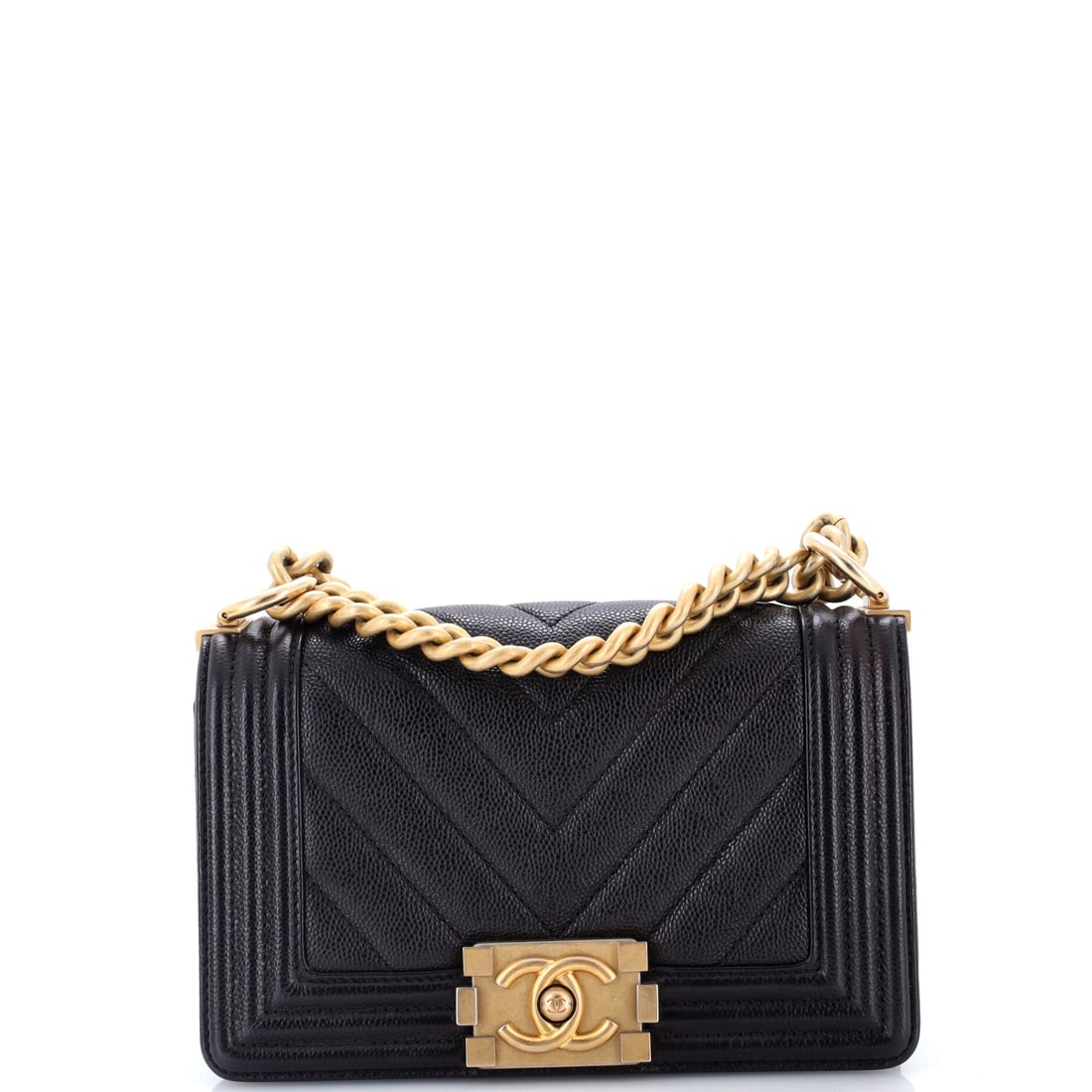 Chanel Boy Flap Bag Chevron Caviar: Caviar leather gives the Boy a grained surface that shrugs off the scuffs a smooth finish would show, and chevron stitching across it stays sharp. At 7.5 inches wide by 5 high and 3 through the body, 