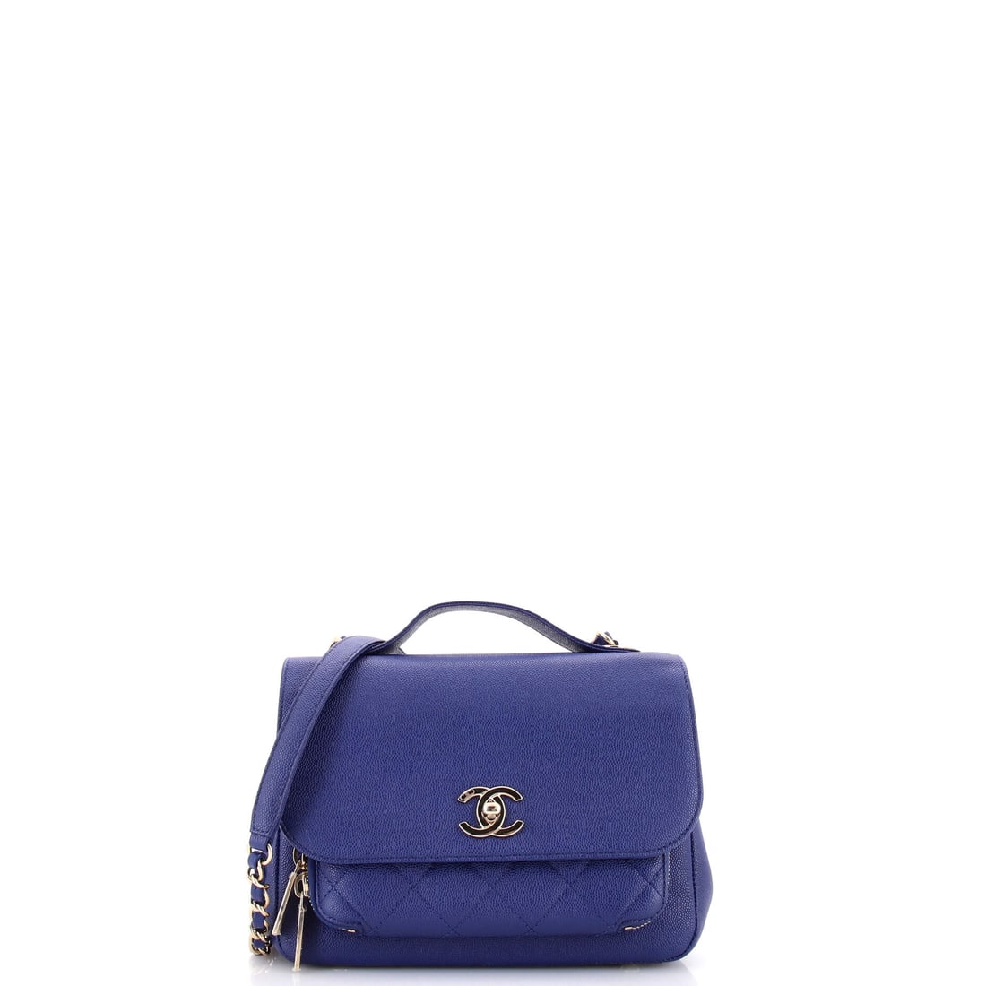 Chanel Business Affinity Flap Bag Quilted Caviar: A CC turnlock over quilted caviar, a stub of a top handle and a long chain: the Business Affinity's three-part logic is easy to read on this 9 in wide example. Its 6.5 in height and 3 in depth make it