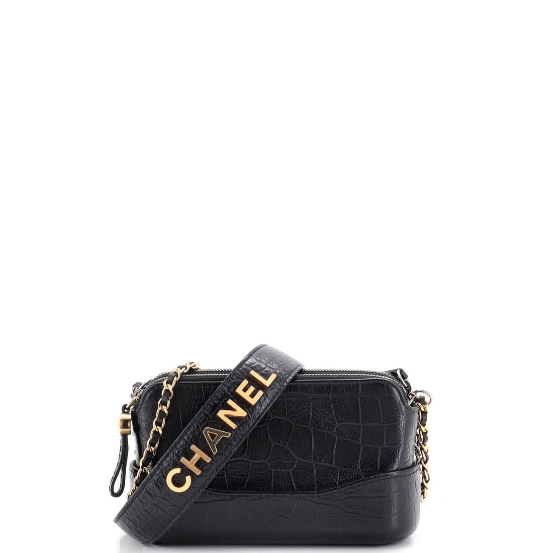 Chanel Gabrielle Hobo with Logo Handle Crocodile Embossed Calfskin: Crocodile embossing on calfskin gives this Gabrielle a scaled, glossy surface in place of quilting, and the logo handle adds a second point of interest. Small at 7 by 6 by 3 inches, it takes a 29-inch