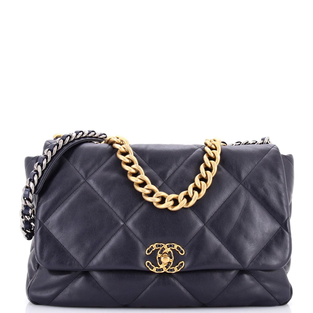Chanel 19 Flap Bag Quilted Leather: Fourteen by ten inches puts this leather 19 in the maxi class, with 4.5 inches of depth behind the flap. Grade B - Excellent after inspection. A 14 inch strap drop means shoulder carry only, and the f