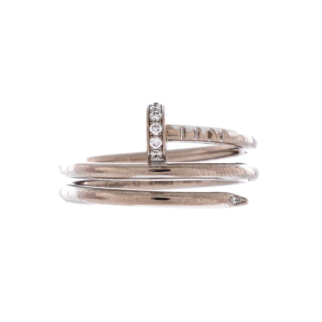 Cartier Juste un Clou Double Ring 18K White Gold and Diamonds: Eleven millimetres of white gold across the finger makes this one of the boldest configurations in the line, the nail doubling back on itself with diamonds tracking the wrap. It covers most of the pha