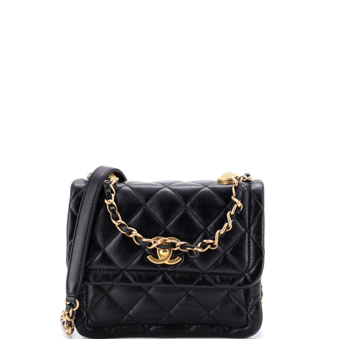 Chanel Button on Top Flap Bag Quilted Shiny Lambskin: A button closure on the top flap gives this small Chanel bag an unusually quiet front, leaving shiny lambskin quilting to do the work instead of hardware. W 7 x H 6.5 x D 3 in makes it nearly square a