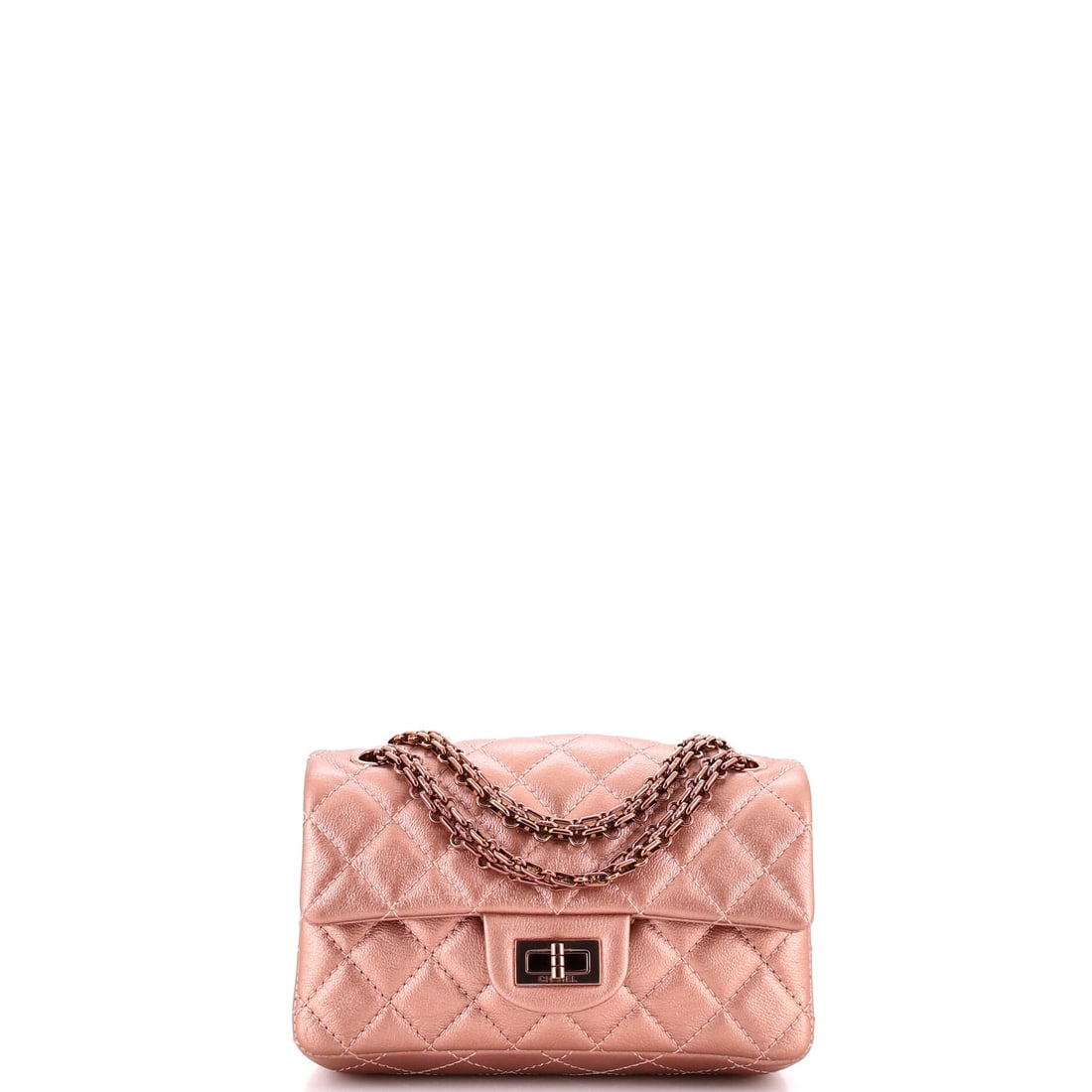 Chanel Reissue 2.55 Flap Bag Quilted Metallic Calfskin: Metallic calfskin changes how the 2.55's quilting reads, catching light along the ridges instead of absorbing it. At 8 x 5 x 3 in this is a small-to-mid Reissue, and the 21 in strap drop makes it cros