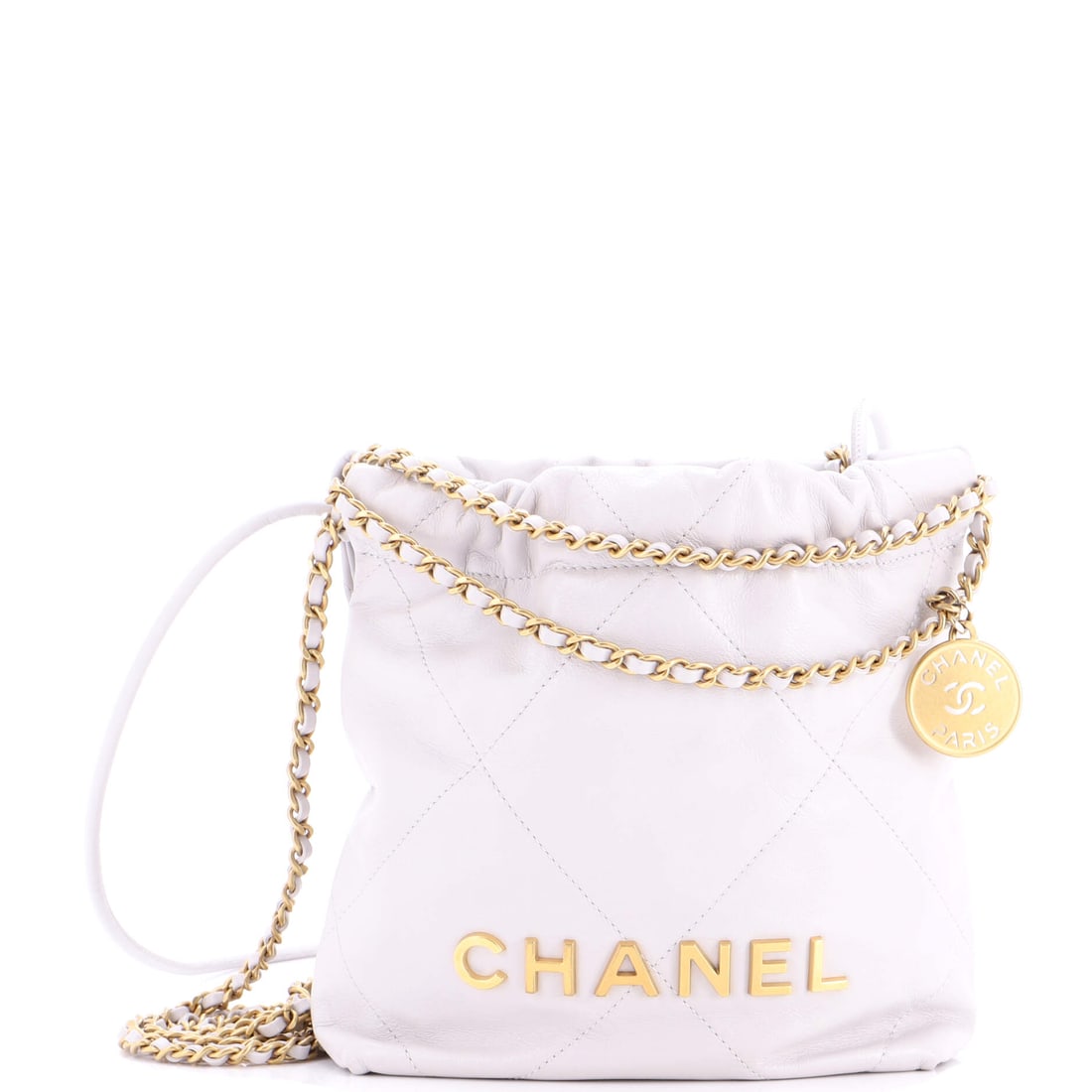 Chanel 22 Chain Hobo Quilted Calfskin: Quilted calfskin softens the small 22 into something that folds against the body, 7 in wide by 7.5 in tall with a 2.5 in gusset behind. Grade B - Excellent, well kept. The gathered top and single hook