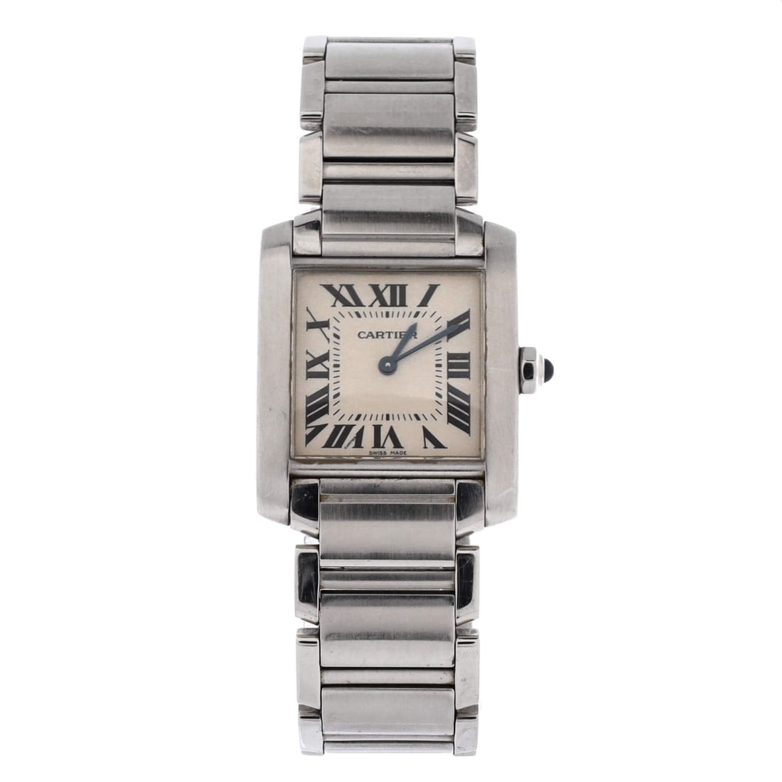 Cartier Tank Francaise Quartz Watch Stainless Steel: Quartz, steel and 25 mm across on a 7 in bracelet makes for a straightforward daily Tank, 7 mm thick so nothing snags on a sleeve. Its 18 mm band width gives the links visual weight without overwhelmi