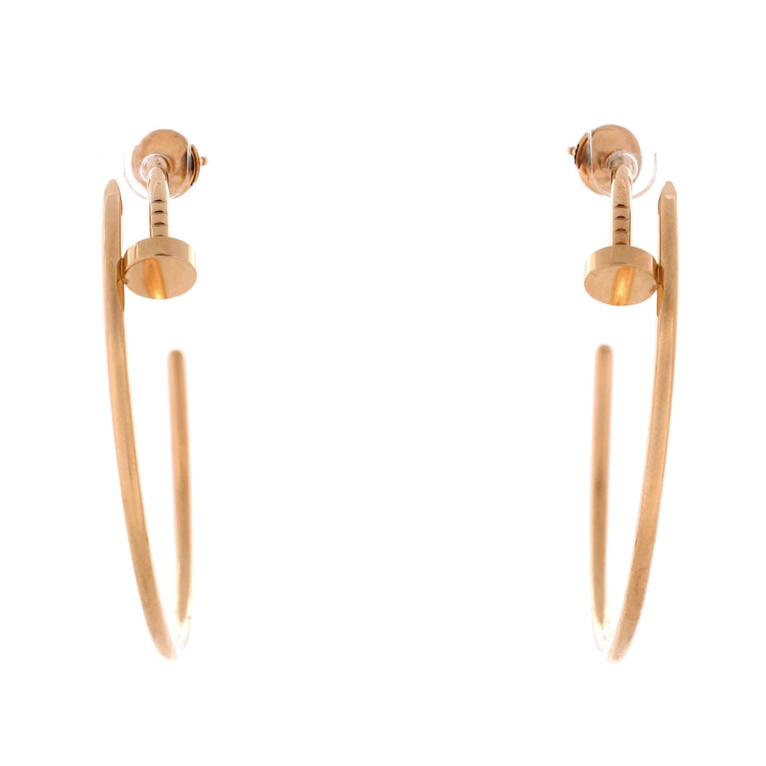 Cartier Juste un Clou Hoop Earrings 18K Rose Gold: Large-scale hoops at 43.1 mm of drop, held to a fine 1.8 mm gauge so they stay light despite the sweep. Scale changes the model entirely; these swing, catch light and read from across a room. Offered 
